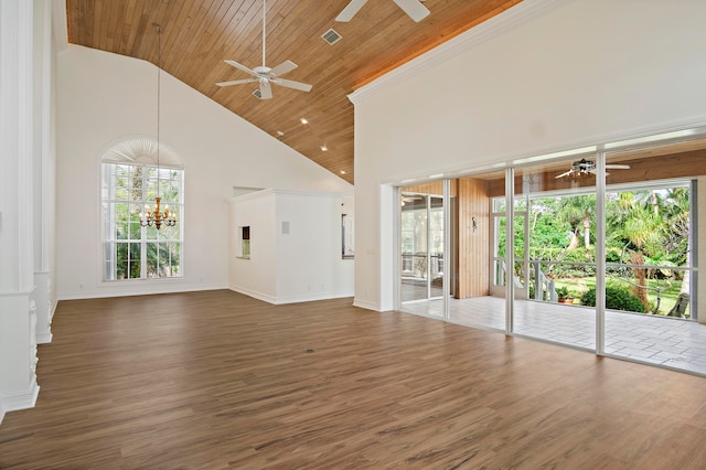 unfurnished living room featuring wooden ceiling, dark wood-type flooring, ceiling fan with notable chandelier, and a high ceiling