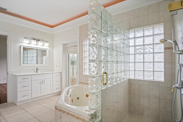 bathroom with vanity, ornamental molding, tile patterned flooring, and plus walk in shower