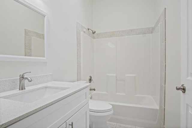 full bathroom with toilet, shower / tub combination, tile patterned flooring, and vanity