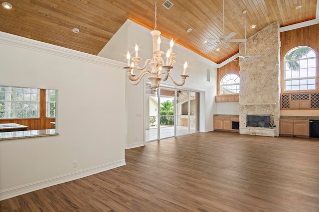 unfurnished living room with wood-type flooring, a fireplace, wooden ceiling, ceiling fan with notable chandelier, and high vaulted ceiling