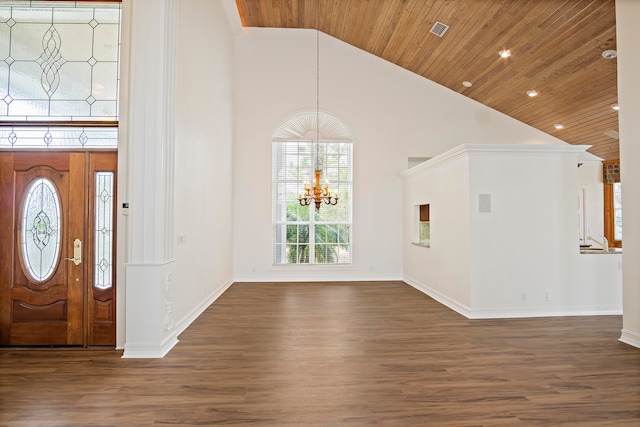 entryway featuring dark wood-type flooring, wooden ceiling, high vaulted ceiling, and a chandelier