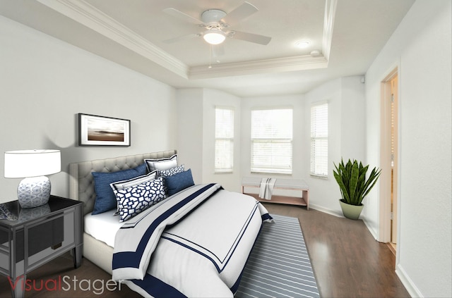 bedroom with a raised ceiling, ornamental molding, and dark wood-style flooring