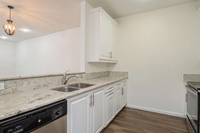 kitchen featuring white cabinets, sink, decorative light fixtures, stainless steel appliances, and dark hardwood / wood-style flooring