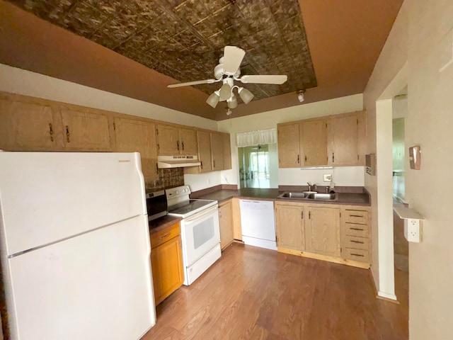 kitchen featuring ceiling fan, light brown cabinets, sink, white appliances, and light hardwood / wood-style flooring