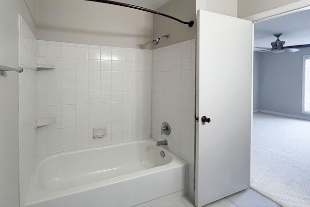 bathroom featuring tile patterned floors, ceiling fan, and tiled shower / bath