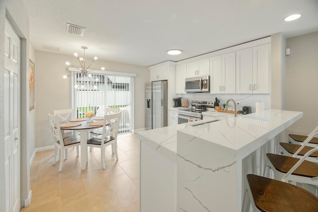 kitchen with kitchen peninsula, appliances with stainless steel finishes, pendant lighting, and white cabinets