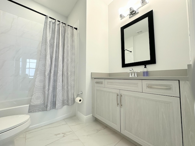 full bathroom with vanity, shower / bath combination with curtain, and toilet