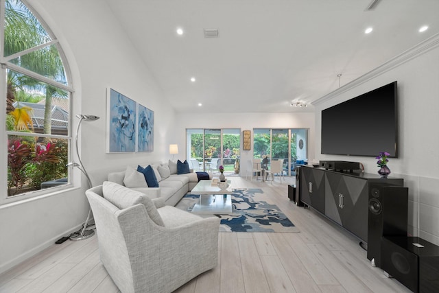 4561 Carlton Golf Dr, Lake Worth, FL 33449 - living room with light wood-style flooring, visible vents, recessed lighting, and vaulted ceiling