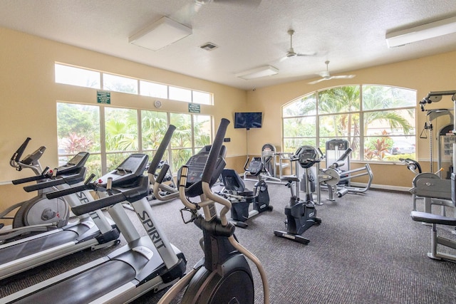 gym featuring a textured ceiling, ceiling fan, and a healthy amount of sunlight