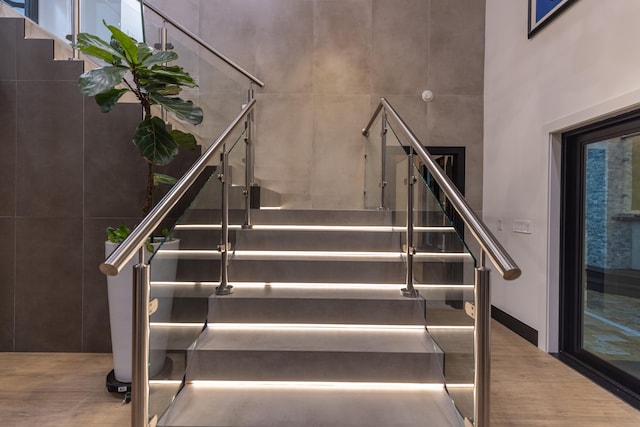 stairs with a towering ceiling