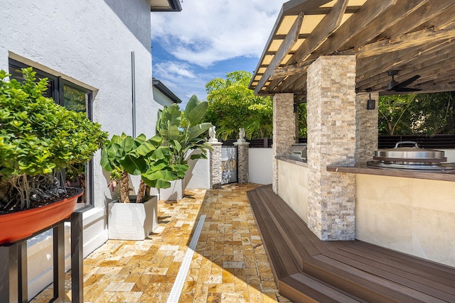 exterior space with ceiling fan, a patio, and an outdoor kitchen