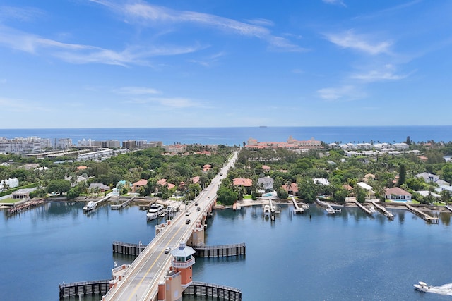 aerial view featuring a water view