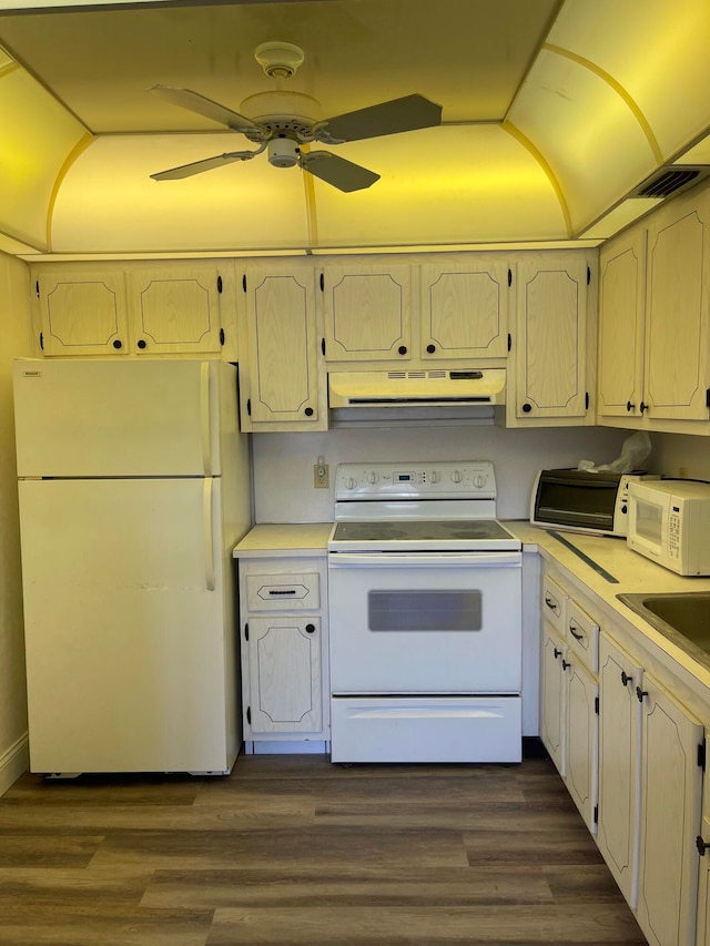 kitchen with ceiling fan, dark hardwood / wood-style flooring, white appliances, and range hood