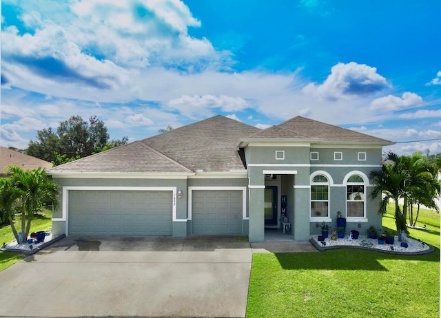 view of front of house with a garage and a front lawn