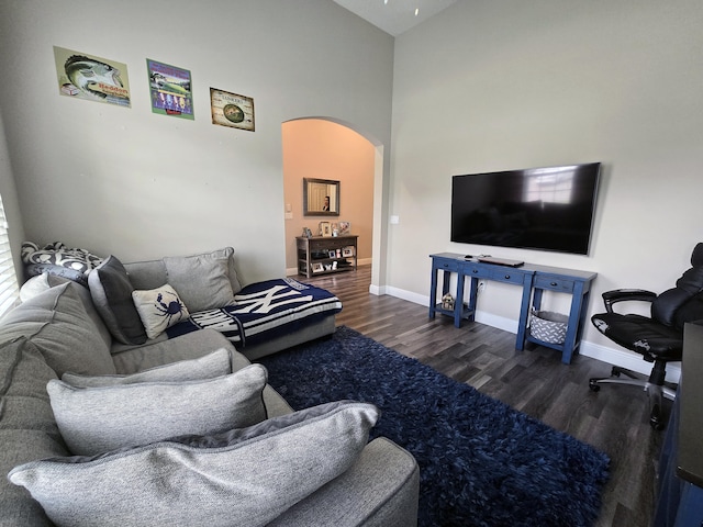 living room with dark hardwood / wood-style floors and high vaulted ceiling