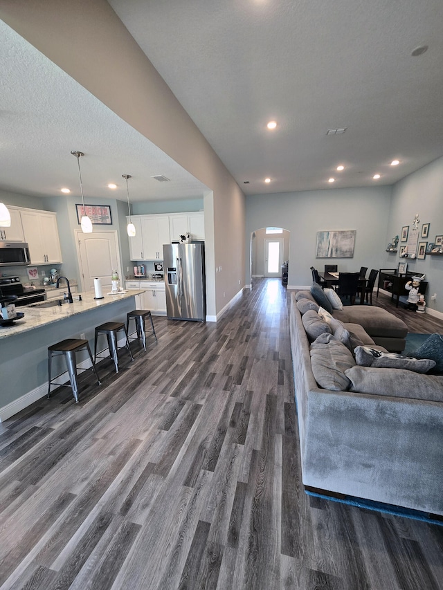 living room with a textured ceiling, sink, and dark hardwood / wood-style flooring