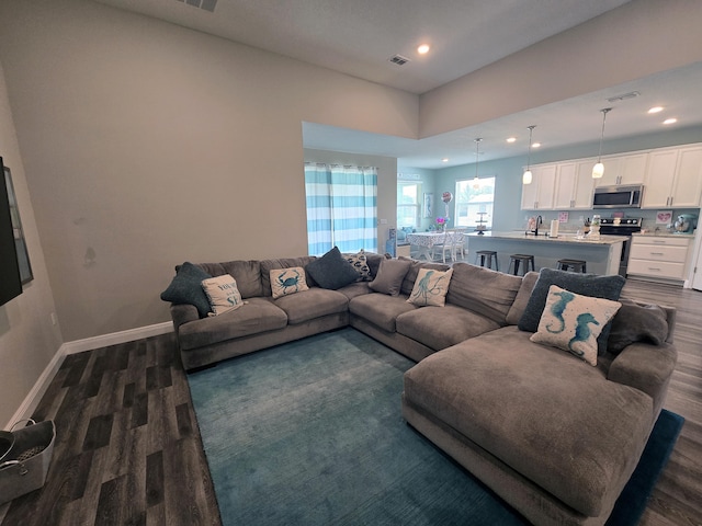 living room featuring dark hardwood / wood-style flooring and sink