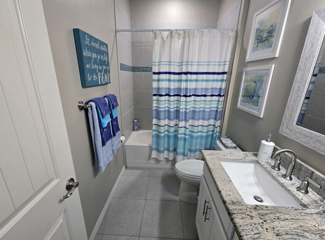 full bathroom featuring shower / tub combo with curtain, tile patterned flooring, vanity, and toilet