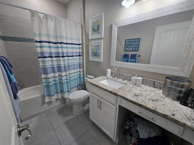 full bathroom featuring tile patterned flooring, toilet, shower / tub combo, and vanity