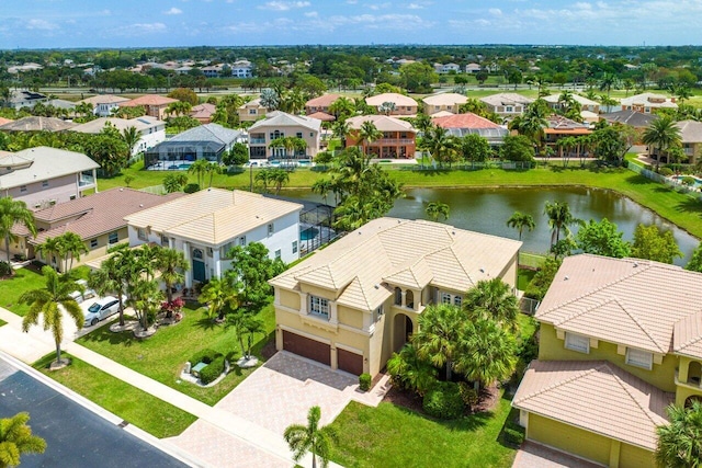 drone / aerial view featuring a water view