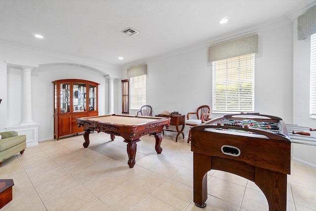 recreation room featuring ornate columns, pool table, crown molding, and light tile patterned flooring