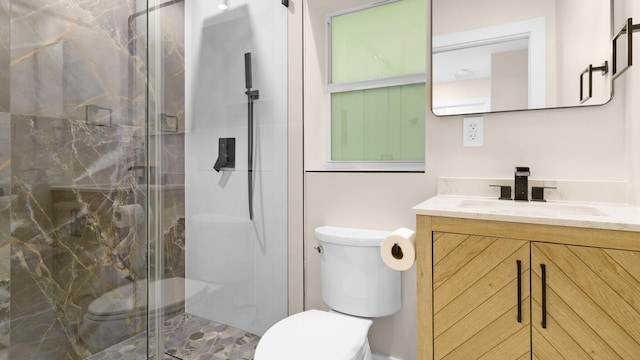 bathroom with walk in shower, vanity, and toilet