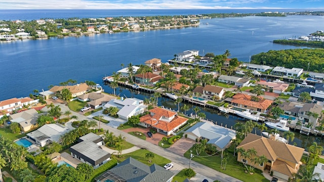 bird's eye view with a water view