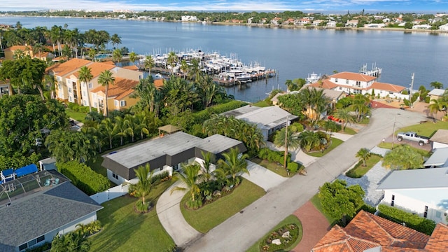 bird's eye view with a water view