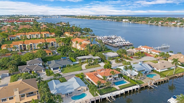 drone / aerial view featuring a water view