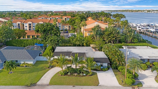 drone / aerial view featuring a water view