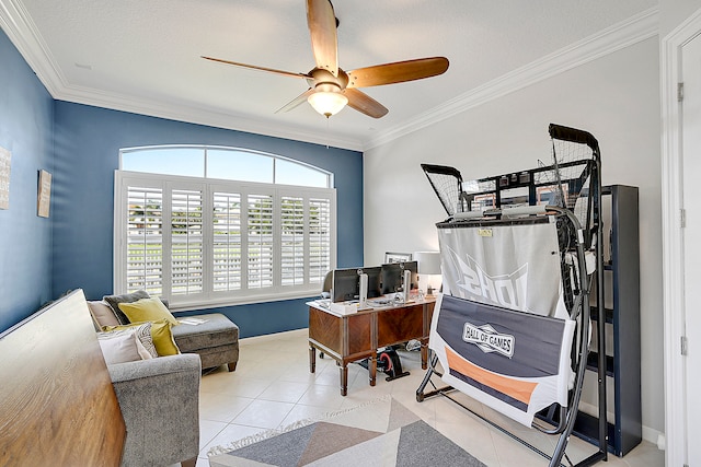 tiled home office featuring crown molding, a textured ceiling, and ceiling fan