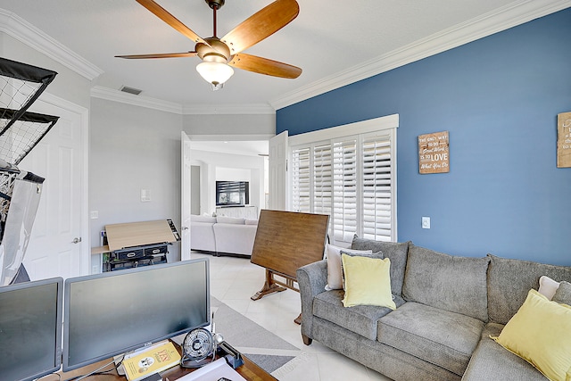 living room featuring ornamental molding and ceiling fan