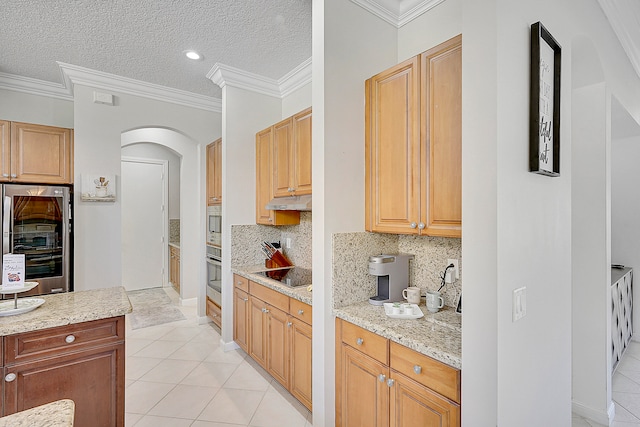 kitchen with crown molding, black electric stovetop, a textured ceiling, and light tile patterned flooring