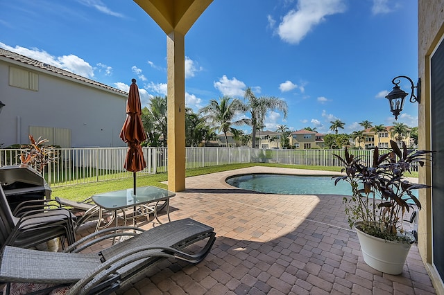 view of pool featuring a patio and a lawn