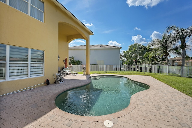 view of swimming pool featuring a patio and a lawn