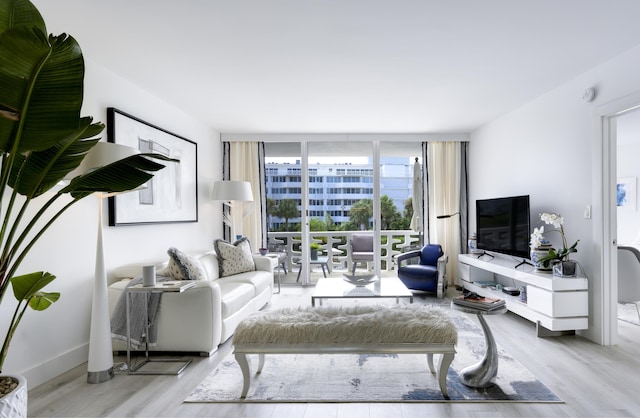 living room with light hardwood / wood-style floors and floor to ceiling windows