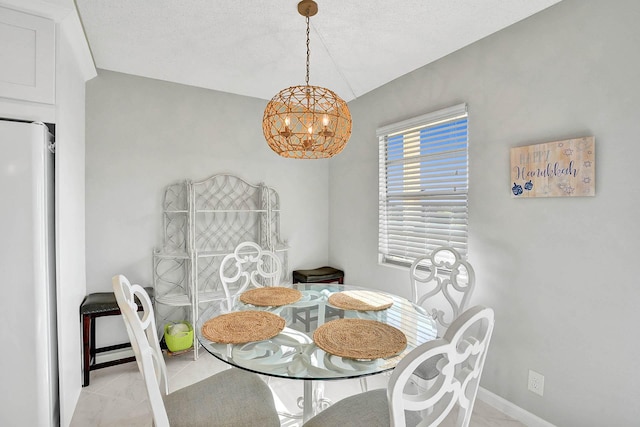 dining area with a notable chandelier, light tile patterned floors, and a textured ceiling