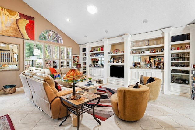 tiled living room featuring vaulted ceiling, built in features, and a textured ceiling