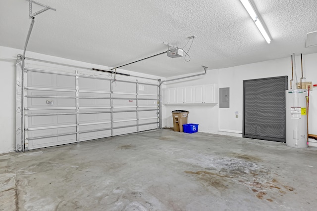 garage featuring water heater, a garage door opener, and electric panel