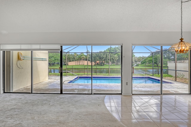 interior space featuring a water view