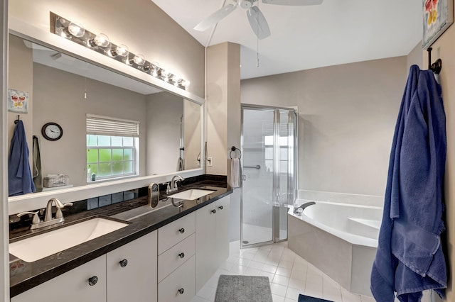 bathroom with ceiling fan, tile patterned floors, vanity, and independent shower and bath