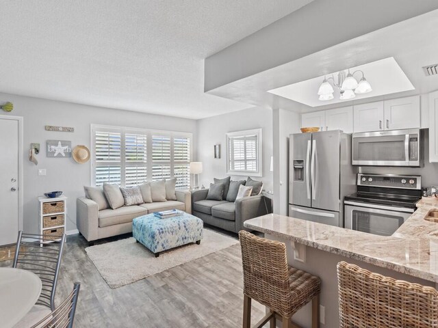 living room with wood-type flooring and a textured ceiling