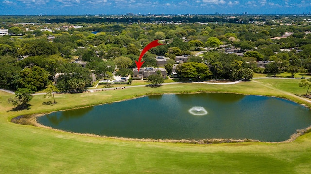 drone / aerial view featuring a water view