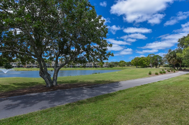 view of property's community with a lawn and a water view