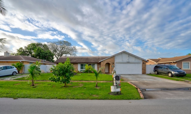 ranch-style home featuring a garage and a front lawn