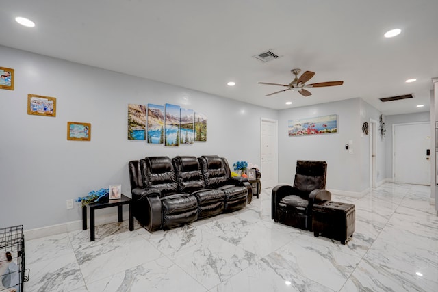 living room with ceiling fan