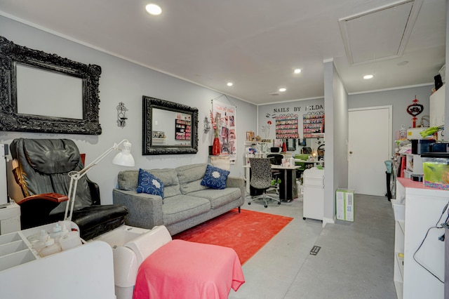 living room featuring crown molding