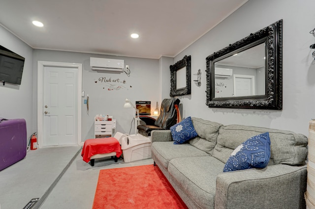 living room featuring ornamental molding and a wall mounted AC