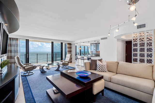 living room featuring a wealth of natural light, a water view, and floor to ceiling windows