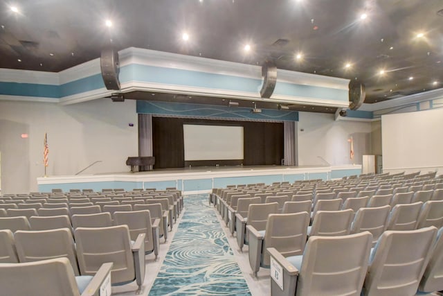 cinema room featuring carpet flooring